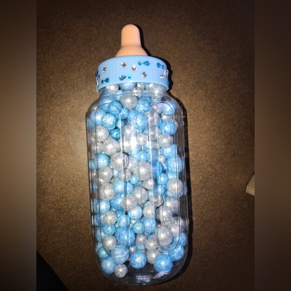 Giant baby bottle with blue & silver glitter balls. Baby shower guessing game. - Picture 3 of 5